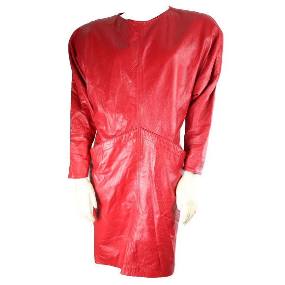 Vakko Vintage 80s Dress Red Leather Keyhole Back Pencil Size 4 - Picture 1 of 9